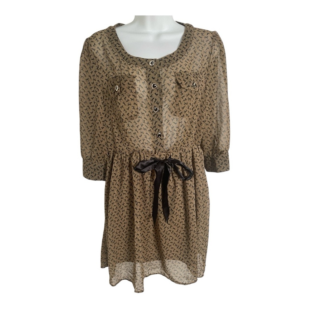Day and Night Brown Tan Casual Dress with Scoop Neck 3/4 Sleeve Horse Print Sz L